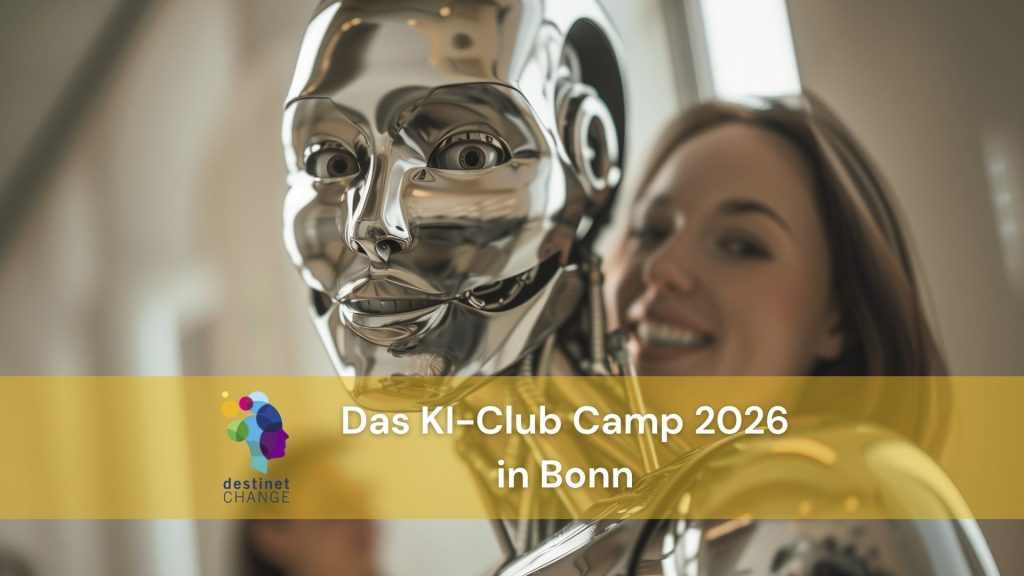 Titelbild KI-Club Camp, Roboter und Frau im Hintergrund
